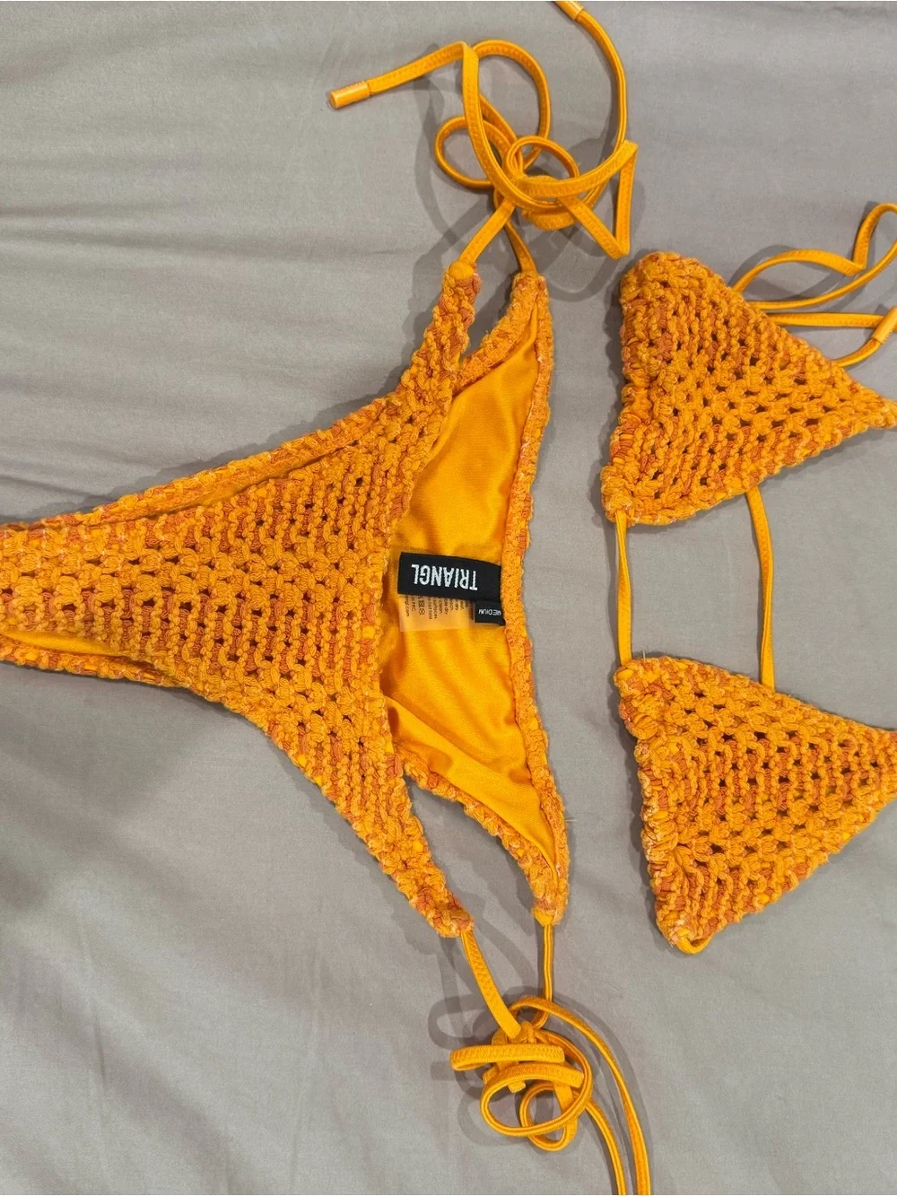 triangl swimwear Orange Crochet Triangle Bikini set, small top medium bottom